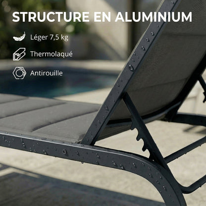 Aluminum Sun Lounger, 6-Position Adjustable Backrest with Wheels, 560 g/m² Textilene & Built-In Padding, Rust-Resistant Recliner for Patio, Pool, Garden, Beach — Dark Gray