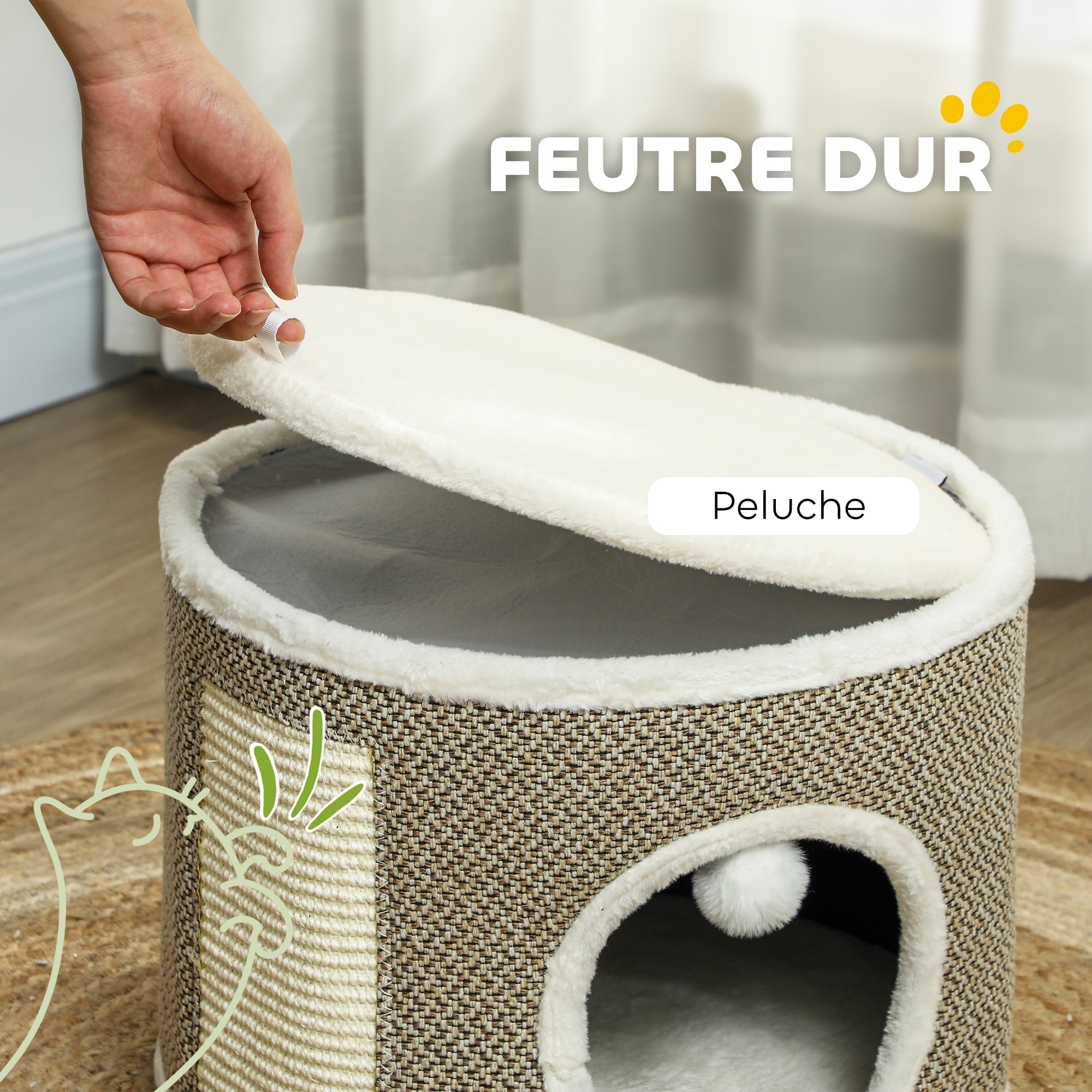 Cat Scratching Tower, Scratching Barrel for Cats, 30 cm height, with sisal scratching post, plush top, removable cushions, play ball, brown