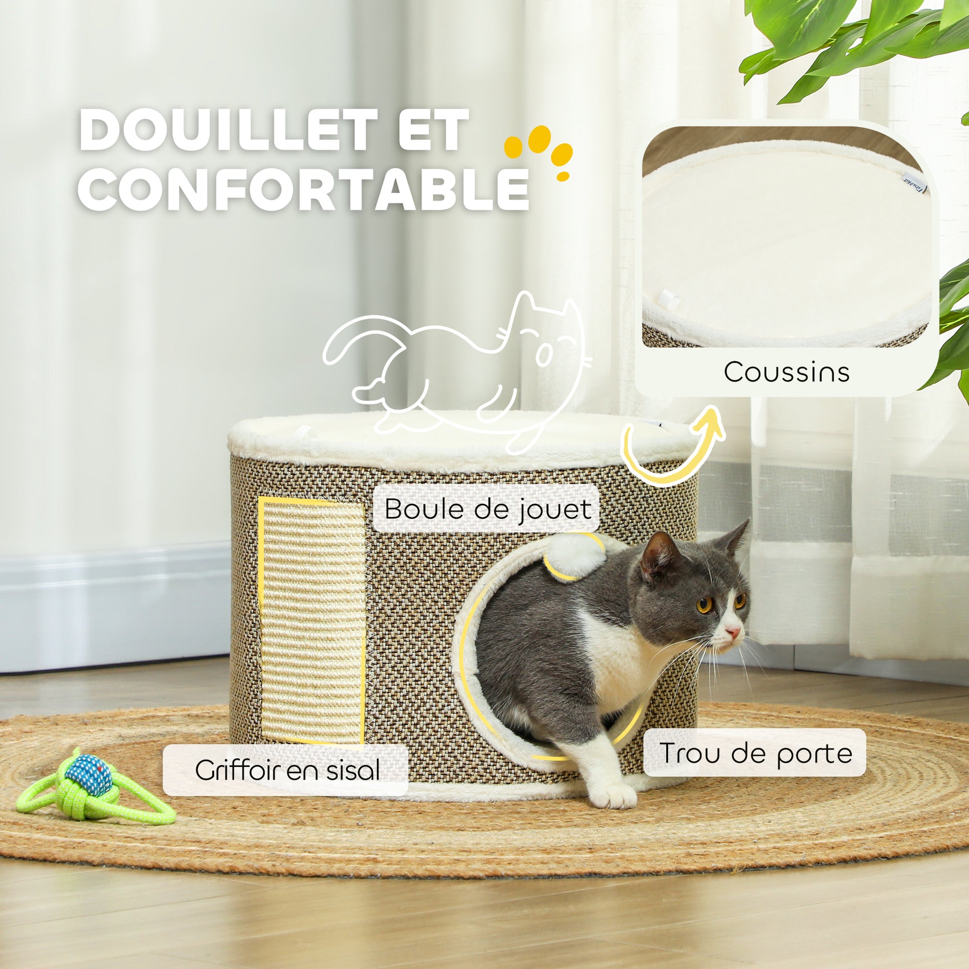 Cat Scratching Tower, Scratching Barrel for Cats, 30 cm height, with sisal scratching post, plush top, removable cushions, play ball, brown