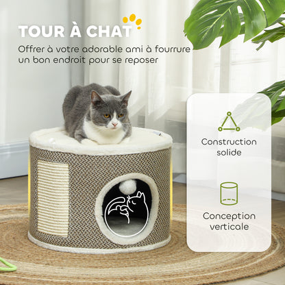 Cat Scratching Tower, Scratching Barrel for Cats, 30 cm height, with sisal scratching post, plush top, removable cushions, play ball, brown