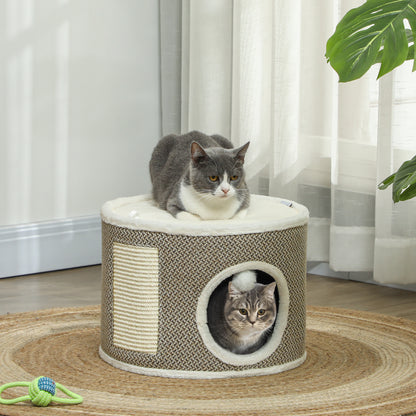 Cat Scratching Tower, Scratching Barrel for Cats, 30 cm height, with sisal scratching post, plush top, removable cushions, play ball, brown