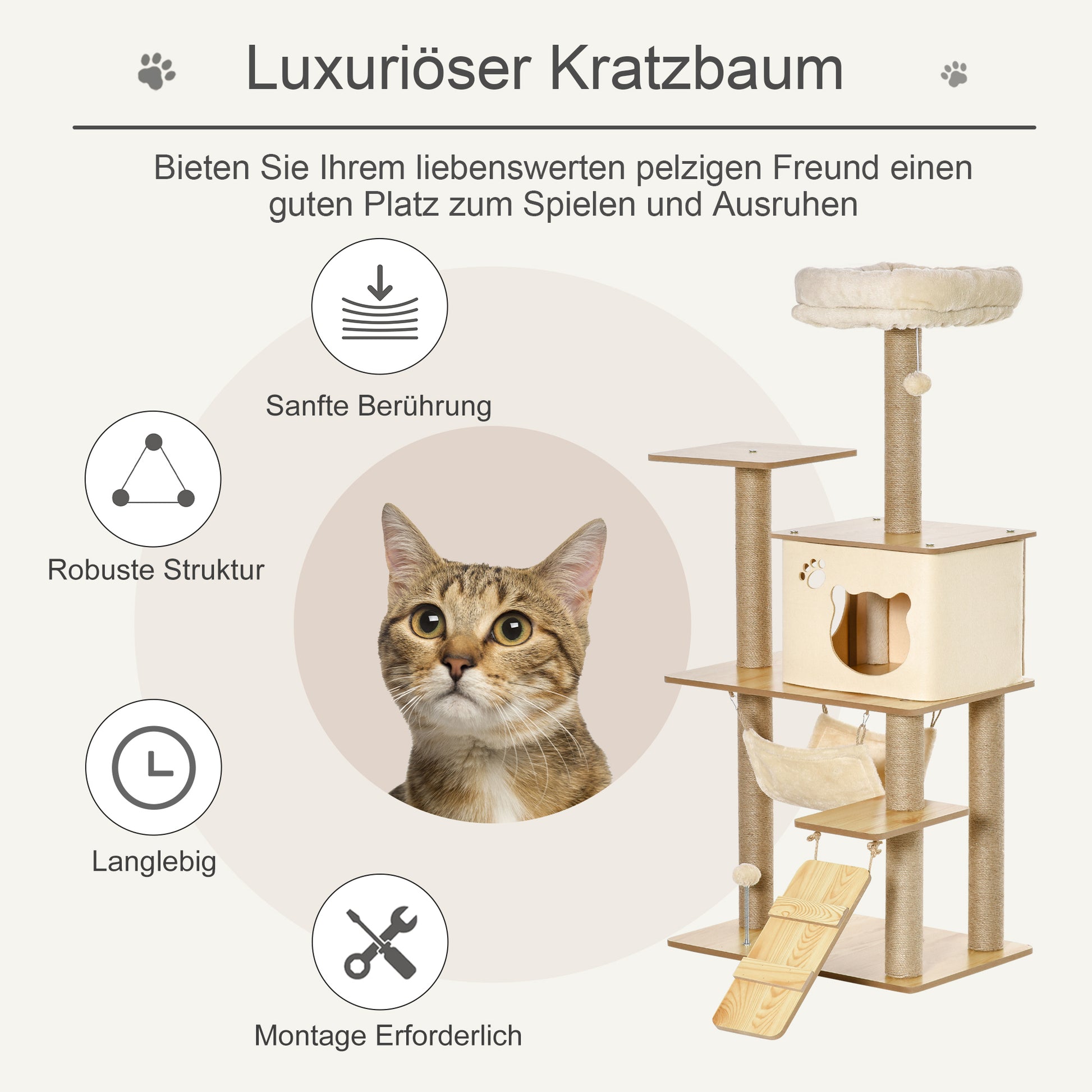 Cat Tree Scratching Post for Cats Climbing Frame made of Wood with Cat Cave Jute Stems Large Platform Play Balls 130 cm Height Stable Plush Yellow 60 x 40 x 130 cm