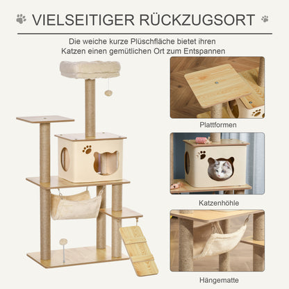 Cat Tree Scratching Post for Cats Climbing Frame made of Wood with Cat Cave Jute Stems Large Platform Play Balls 130 cm Height Stable Plush Yellow 60 x 40 x 130 cm