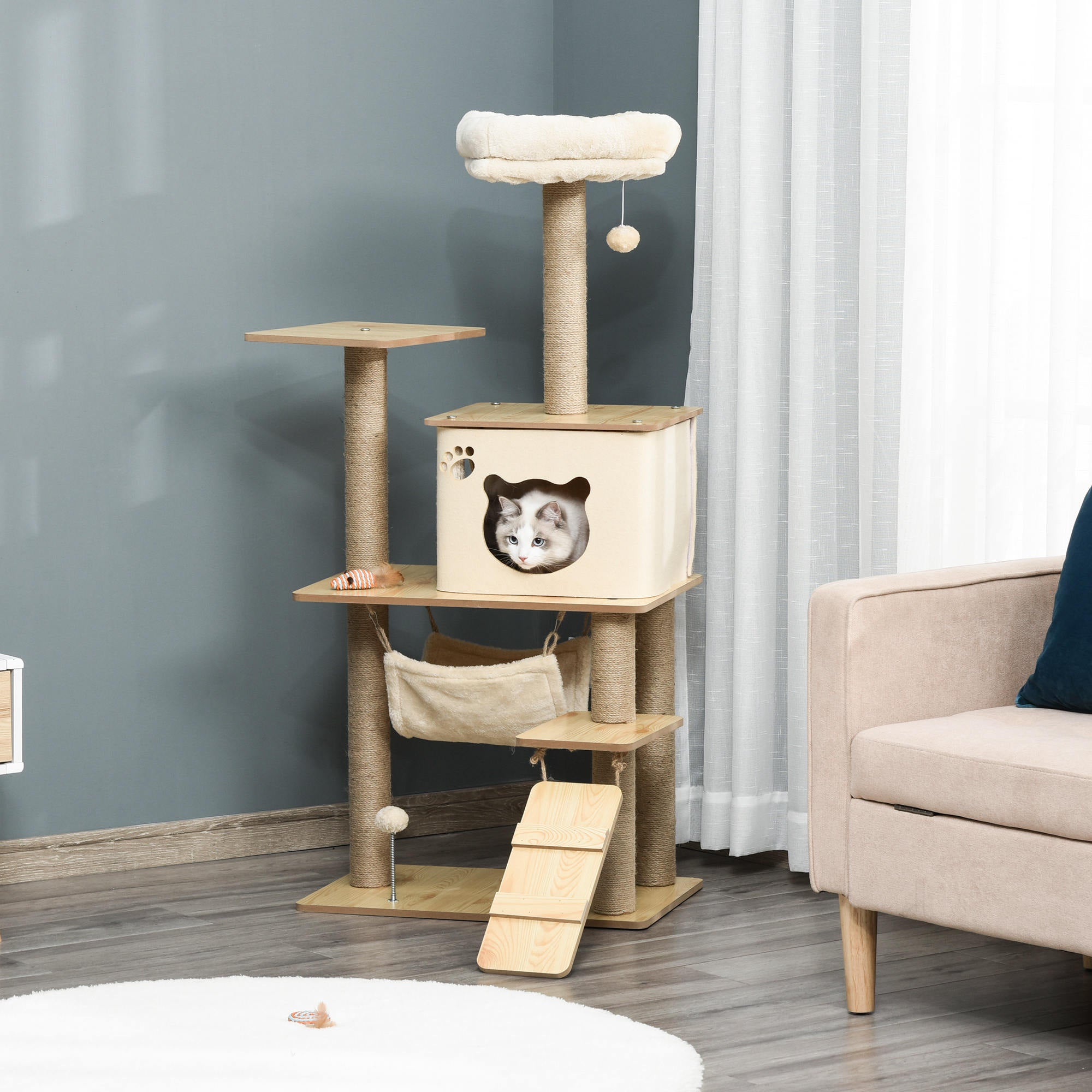 Cat Tree Scratching Post for Cats Climbing Frame made of Wood with Cat Cave Jute Stems Large Platform Play Balls 130 cm Height Stable Plush Yellow 60 x 40 x 130 cm
