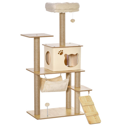 Cat Tree Scratching Post for Cats Climbing Frame made of Wood with Cat Cave Jute Stems Large Platform Play Balls 130 cm Height Stable Plush Yellow 60 x 40 x 130 cm