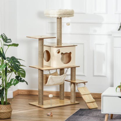Cat Tree Scratching Post for Cats Climbing Frame made of Wood with Cat Cave Jute Stems Large Platform Play Balls 130 cm Height Stable Plush Yellow 60 x 40 x 130 cm