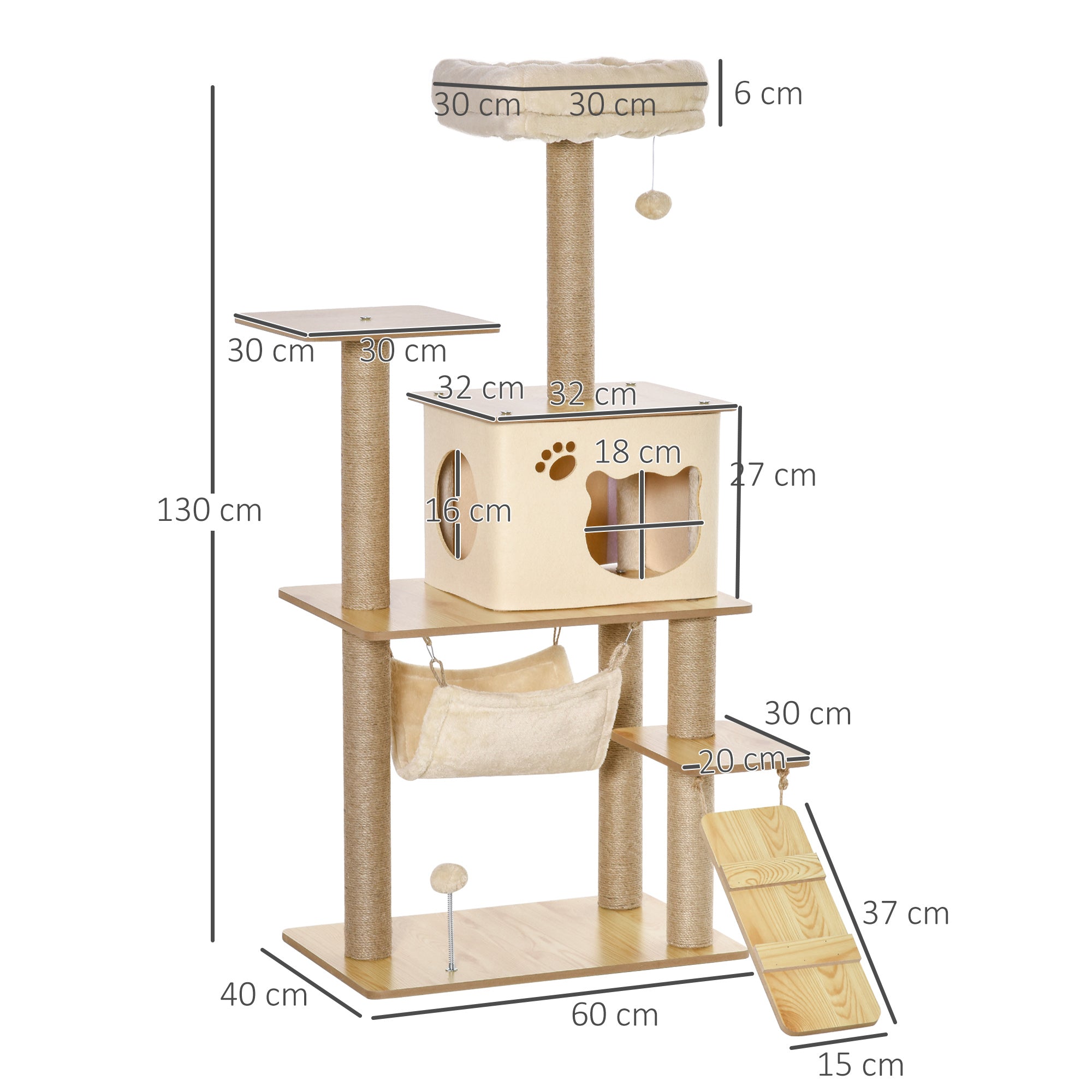 Cat Tree Scratching Post for Cats Climbing Frame made of Wood with Cat Cave Jute Stems Large Platform Play Balls 130 cm Height Stable Plush Yellow 60 x 40 x 130 cm