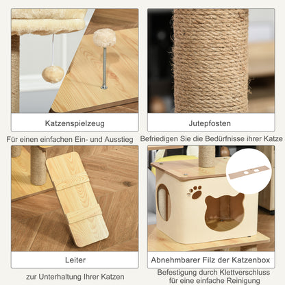 Cat Tree Scratching Post for Cats Climbing Frame made of Wood with Cat Cave Jute Stems Large Platform Play Balls 130 cm Height Stable Plush Yellow 60 x 40 x 130 cm