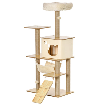 Cat Tree Scratching Post for Cats Climbing Frame made of Wood with Cat Cave Jute Stems Large Platform Play Balls 130 cm Height Stable Plush Yellow 60 x 40 x 130 cm