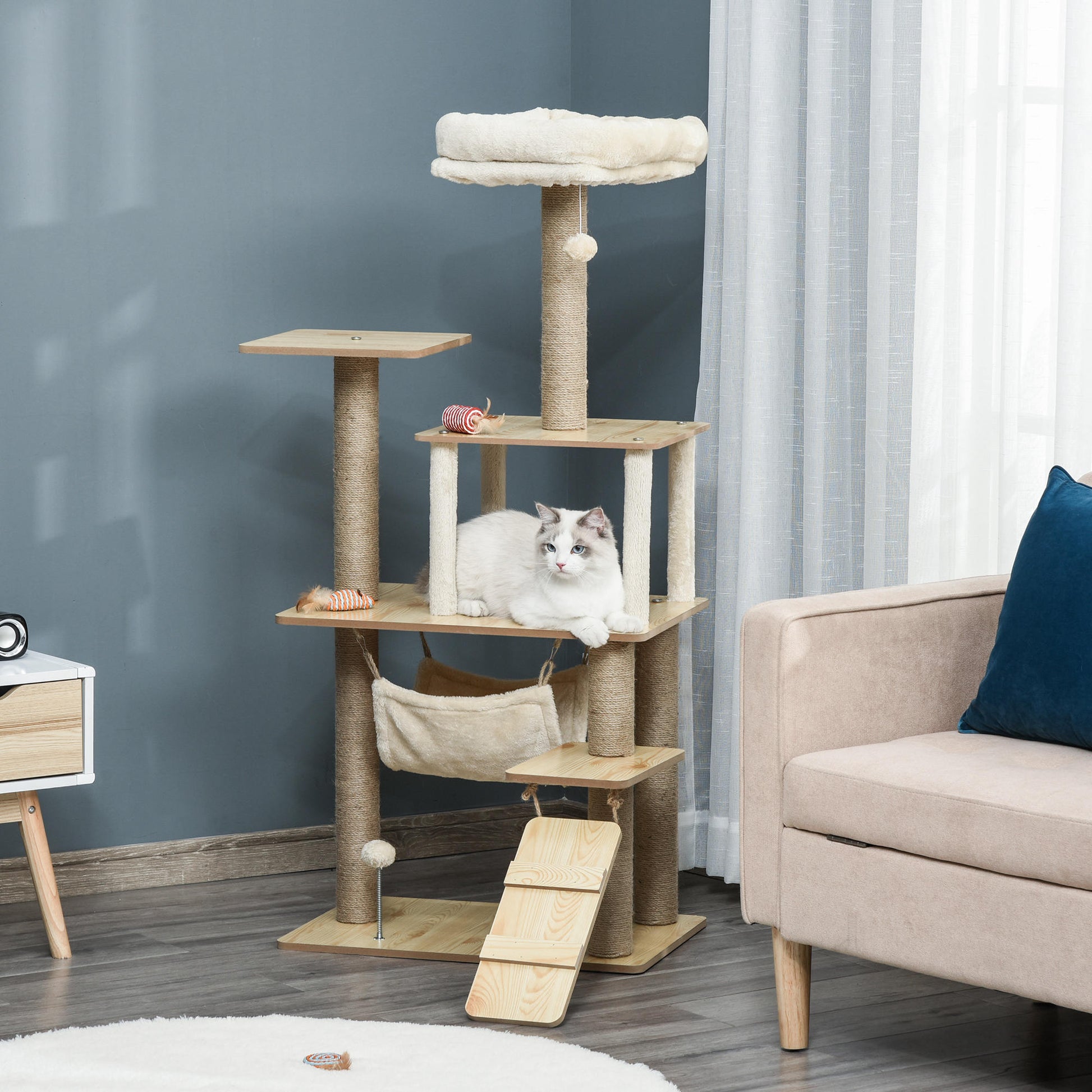 Cat Tree Scratching Post for Cats Climbing Frame made of Wood with Cat Cave Jute Stems Large Platform Play Balls 130 cm Height Stable Plush Yellow 60 x 40 x 130 cm