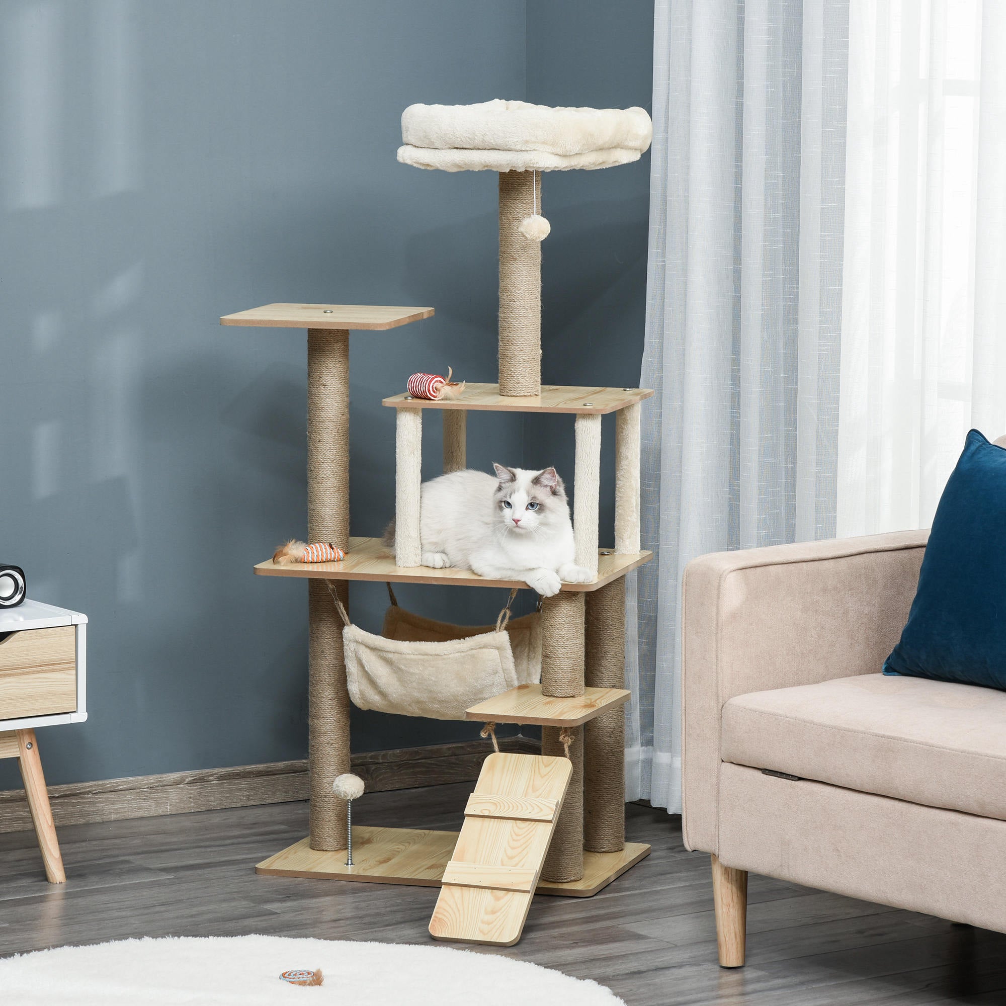 Cat Tree Scratching Post for Cats Climbing Frame made of Wood with Cat Cave Jute Stems Large Platform Play Balls 130 cm Height Stable Plush Yellow 60 x 40 x 130 cm