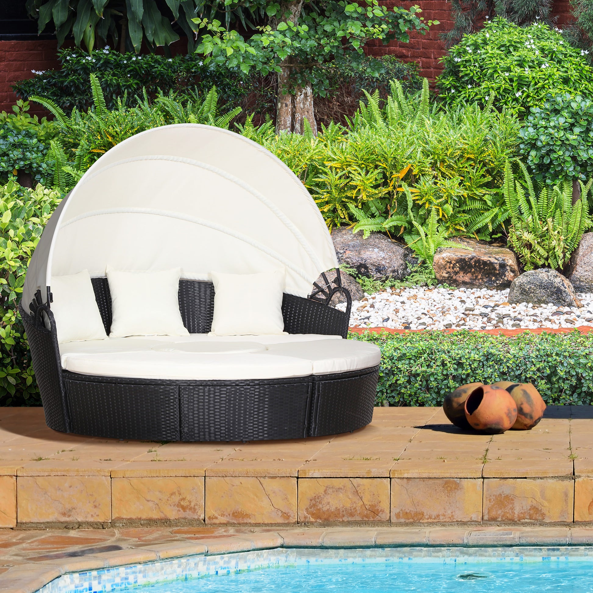 Rattan sun island, lounge group with sunroof, seating group, cushions and side table, metal, Cream, 180 x 175 x 147 cm