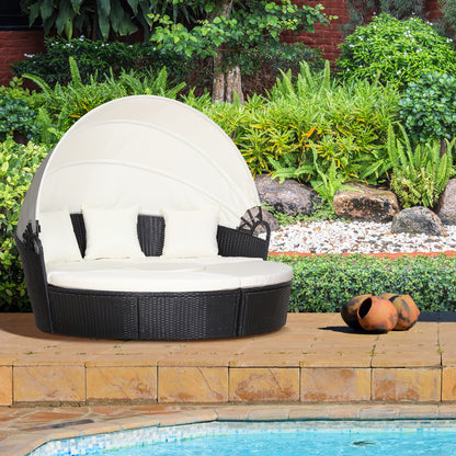 Rattan sun island, lounge group with sunroof, seating group, cushions and side table, metal, Cream, 180 x 175 x 147 cm