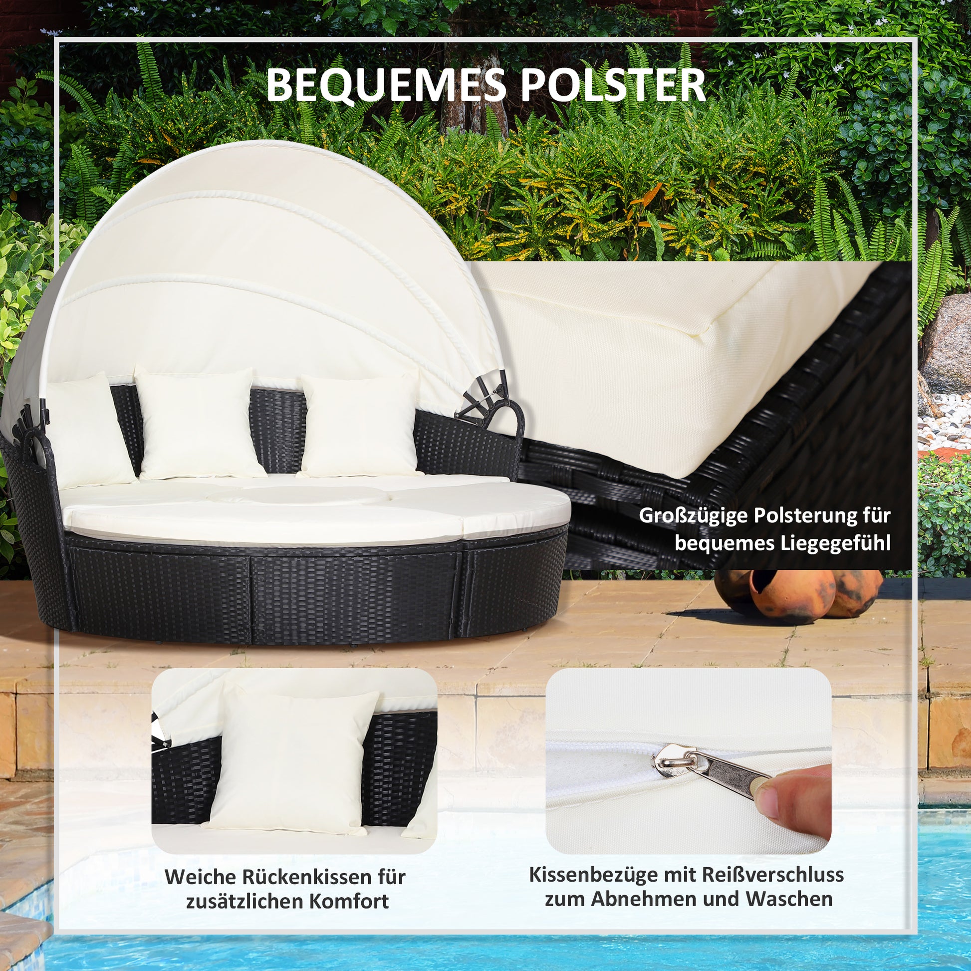Rattan sun island, lounge group with sunroof, seating group, cushions and side table, metal, Cream, 180 x 175 x 147 cm