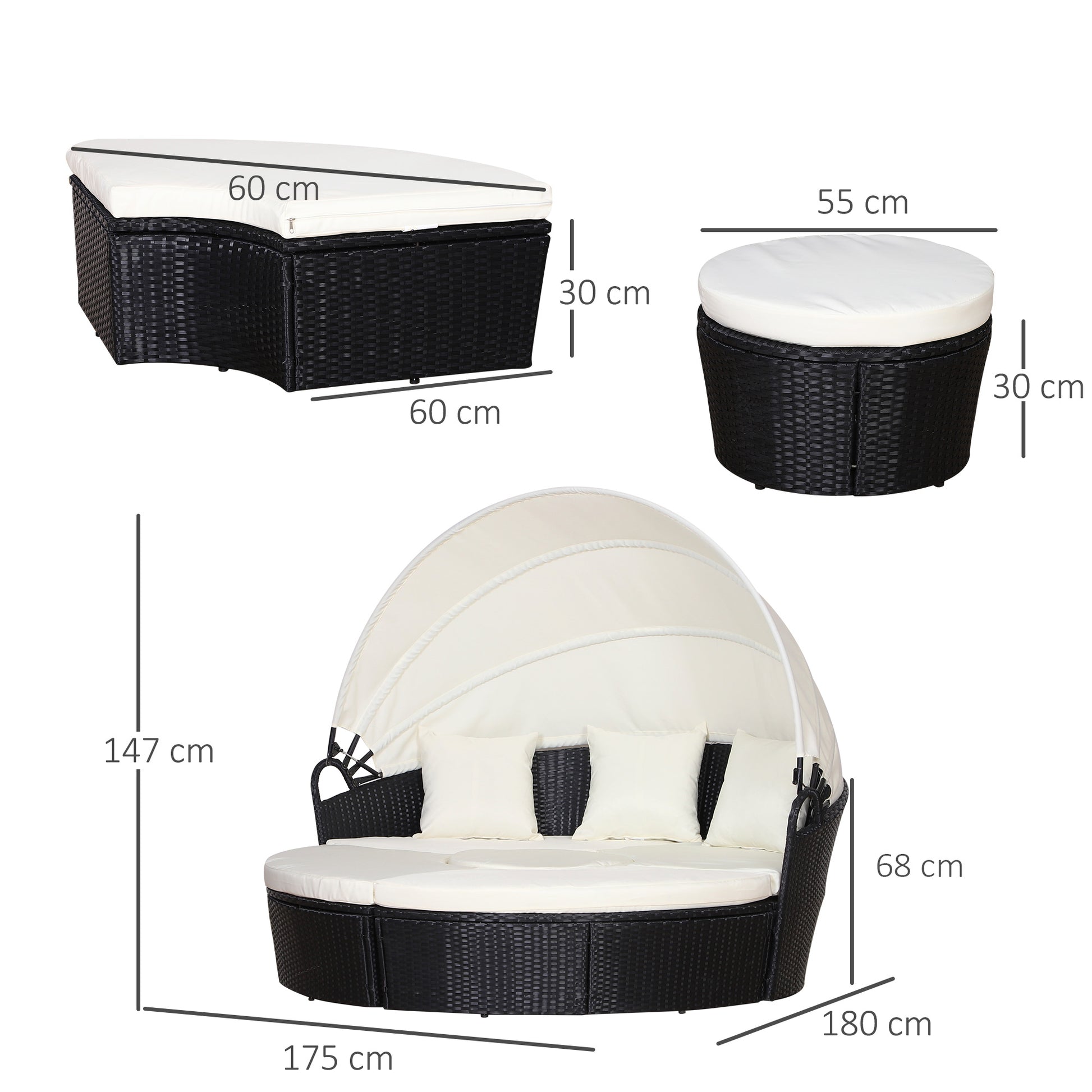 Rattan sun island, lounge group with sunroof, seating group, cushions and side table, metal, Cream, 180 x 175 x 147 cm
