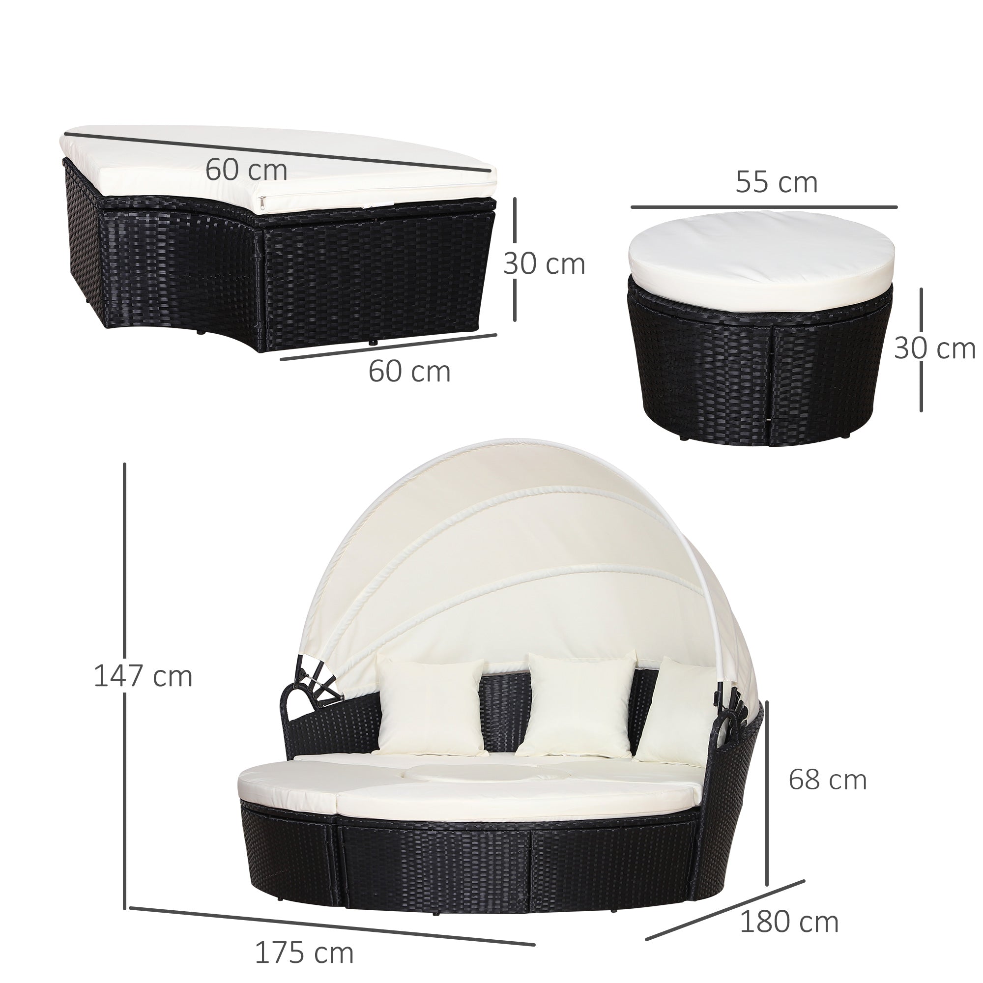 Rattan sun island, lounge group with sunroof, seating group, cushions and side table, metal, Cream, 180 x 175 x 147 cm