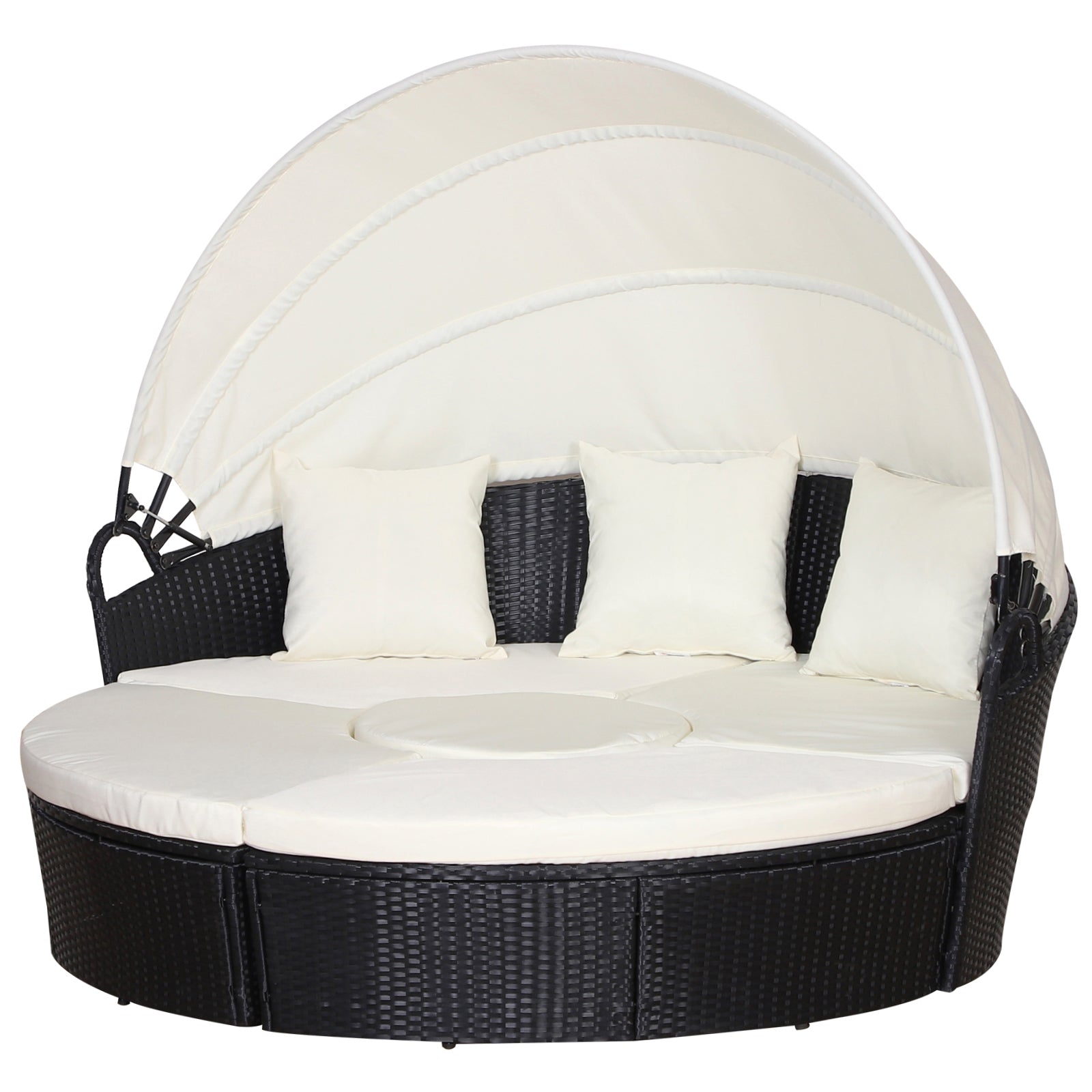 Rattan sun island, lounge group with sunroof, seating group, cushions and side table, metal, Cream, 180 x 175 x 147 cm