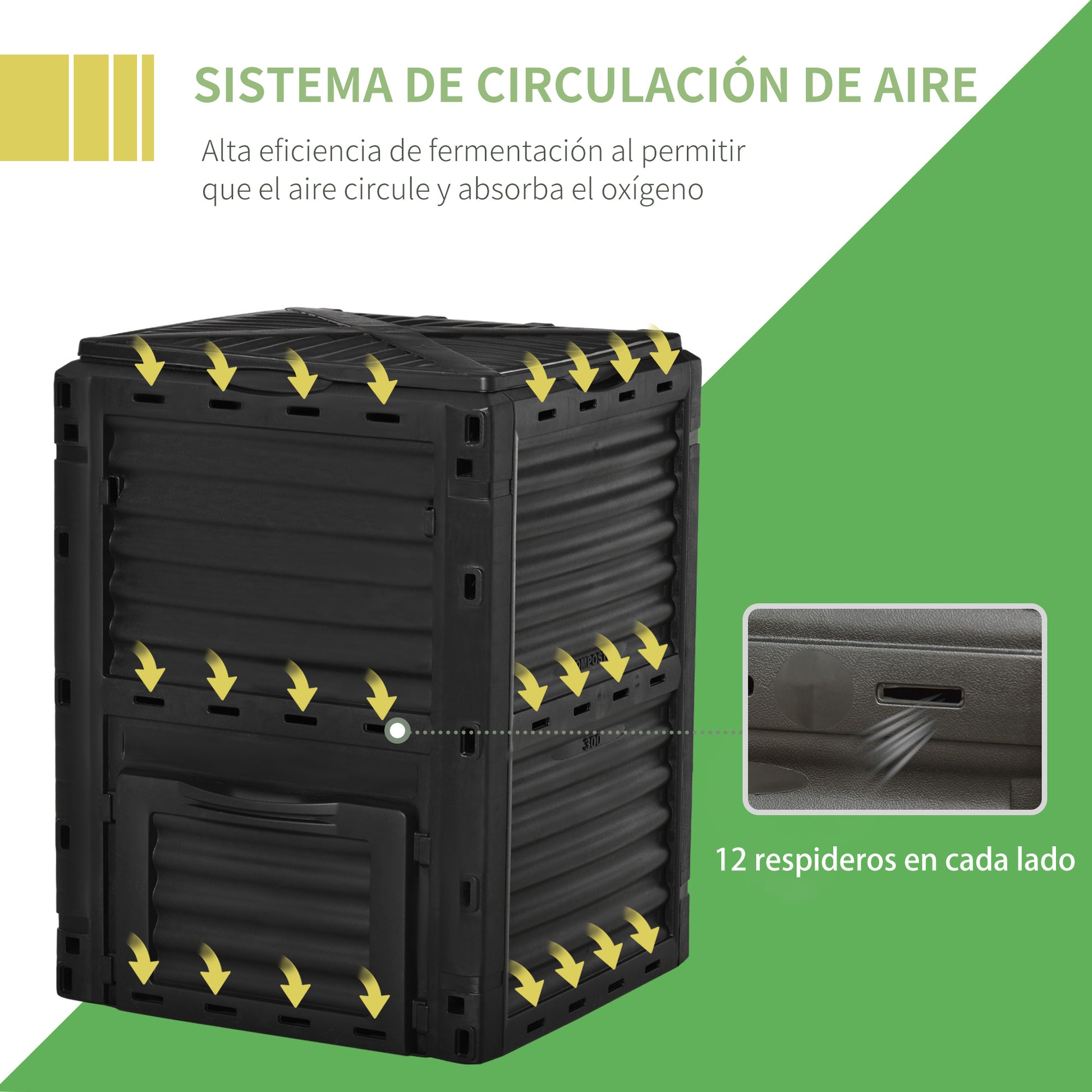 300L Capacity Organic Composter for Garden Fertilizer Production with 48 Vents 60.5x60.5x81.5 cm Black