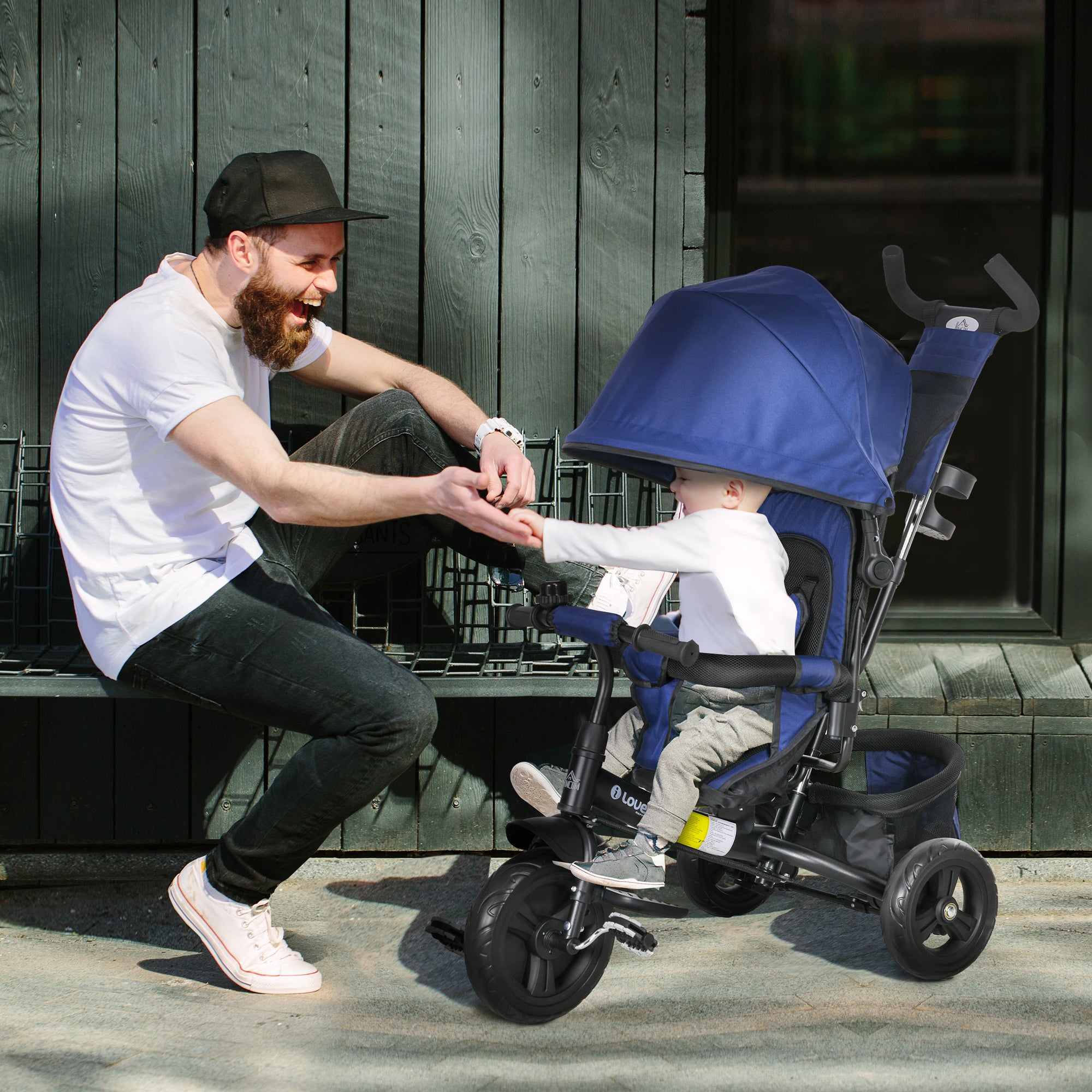 6-in-1 Tricycle with Push Handle, Kids Tricycle with Removable Sun Canopy, Cushion, Balance Bike with 5-Point Safety Harness, Basket, Cup Holder, for 1-5 Years Kids, Dark Blue