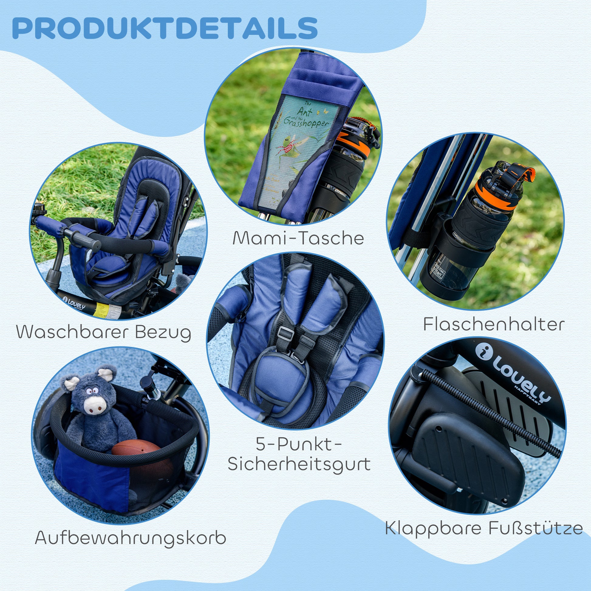 6-in-1 Tricycle with Push Handle, Kids Tricycle with Removable Sun Canopy, Cushion, Balance Bike with 5-Point Safety Harness, Basket, Cup Holder, for 1-5 Years Kids, Dark Blue