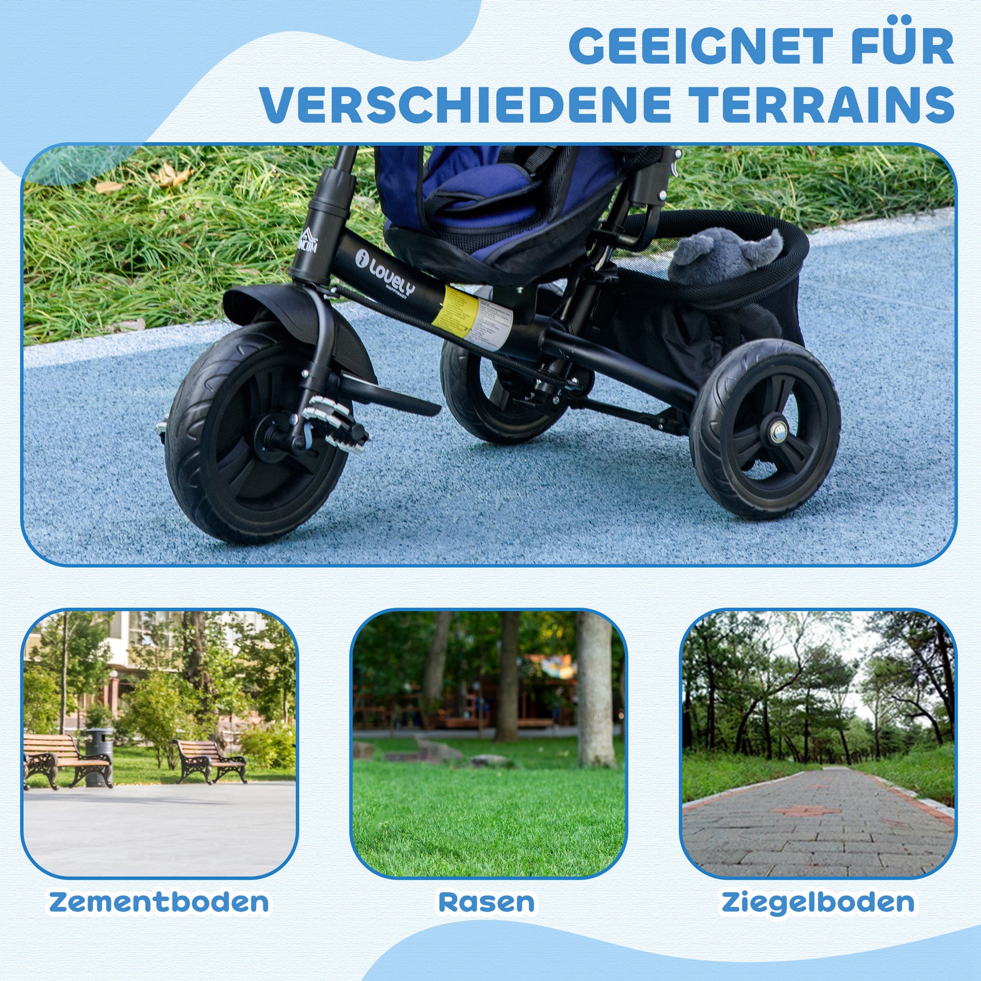 6-in-1 Tricycle with Push Handle, Kids Tricycle with Removable Sun Canopy, Cushion, Balance Bike with 5-Point Safety Harness, Basket, Cup Holder, for 1-5 Years Kids, Dark Blue