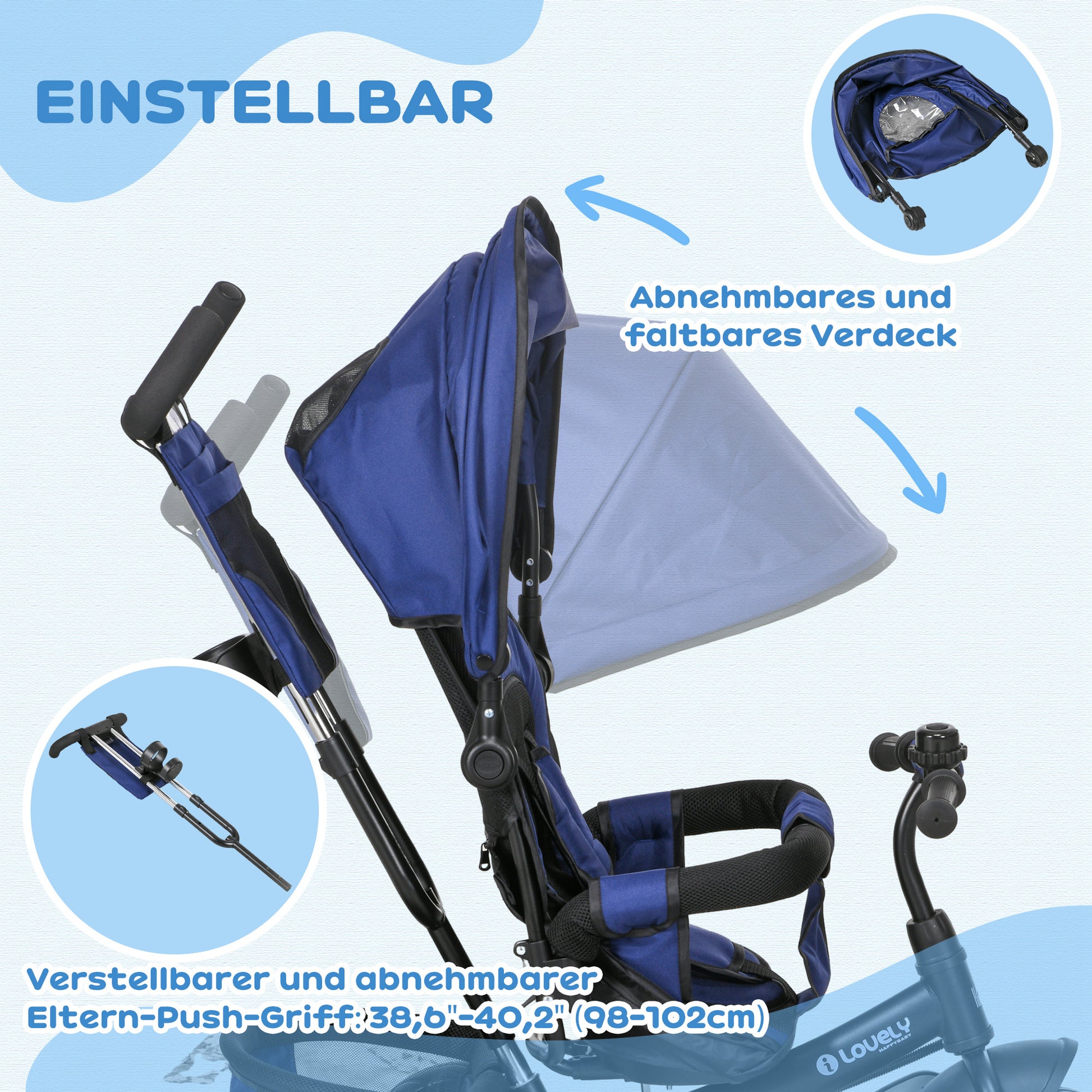 6-in-1 Tricycle with Push Handle, Kids Tricycle with Removable Sun Canopy, Cushion, Balance Bike with 5-Point Safety Harness, Basket, Cup Holder, for 1-5 Years Kids, Dark Blue