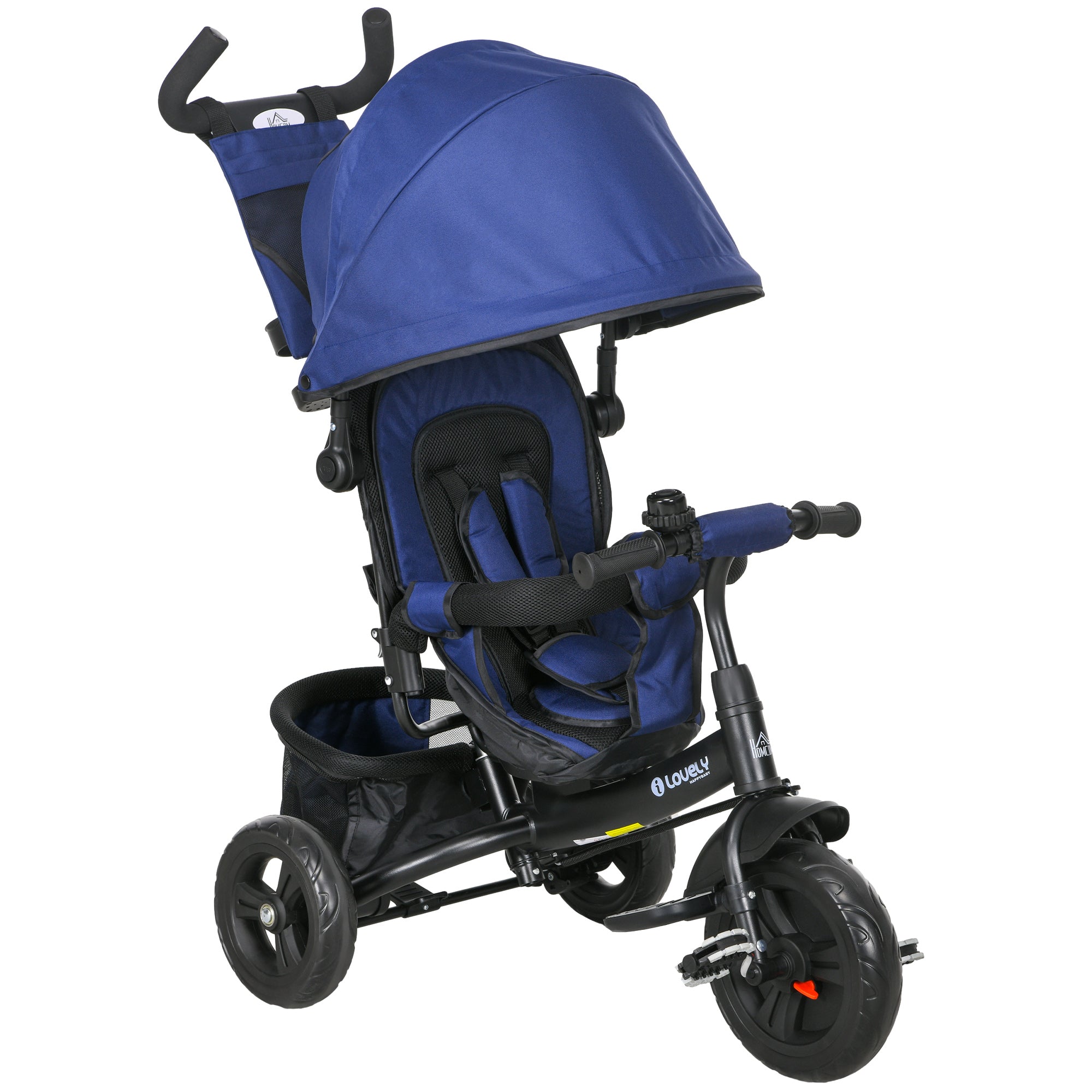 6-in-1 Tricycle with Push Handle, Kids Tricycle with Removable Sun Canopy, Cushion, Balance Bike with 5-Point Safety Harness, Basket, Cup Holder, for 1-5 Years Kids, Dark Blue