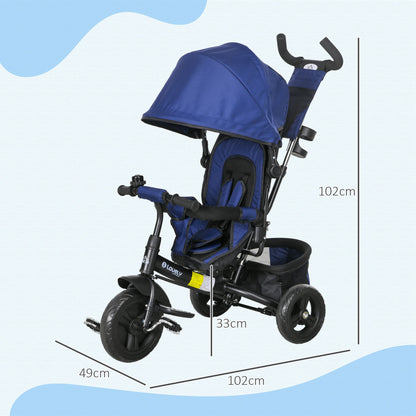 6-in-1 Tricycle with Push Handle, Kids Tricycle with Removable Sun Canopy, Cushion, Balance Bike with 5-Point Safety Harness, Basket, Cup Holder, for 1-5 Years Kids, Dark Blue