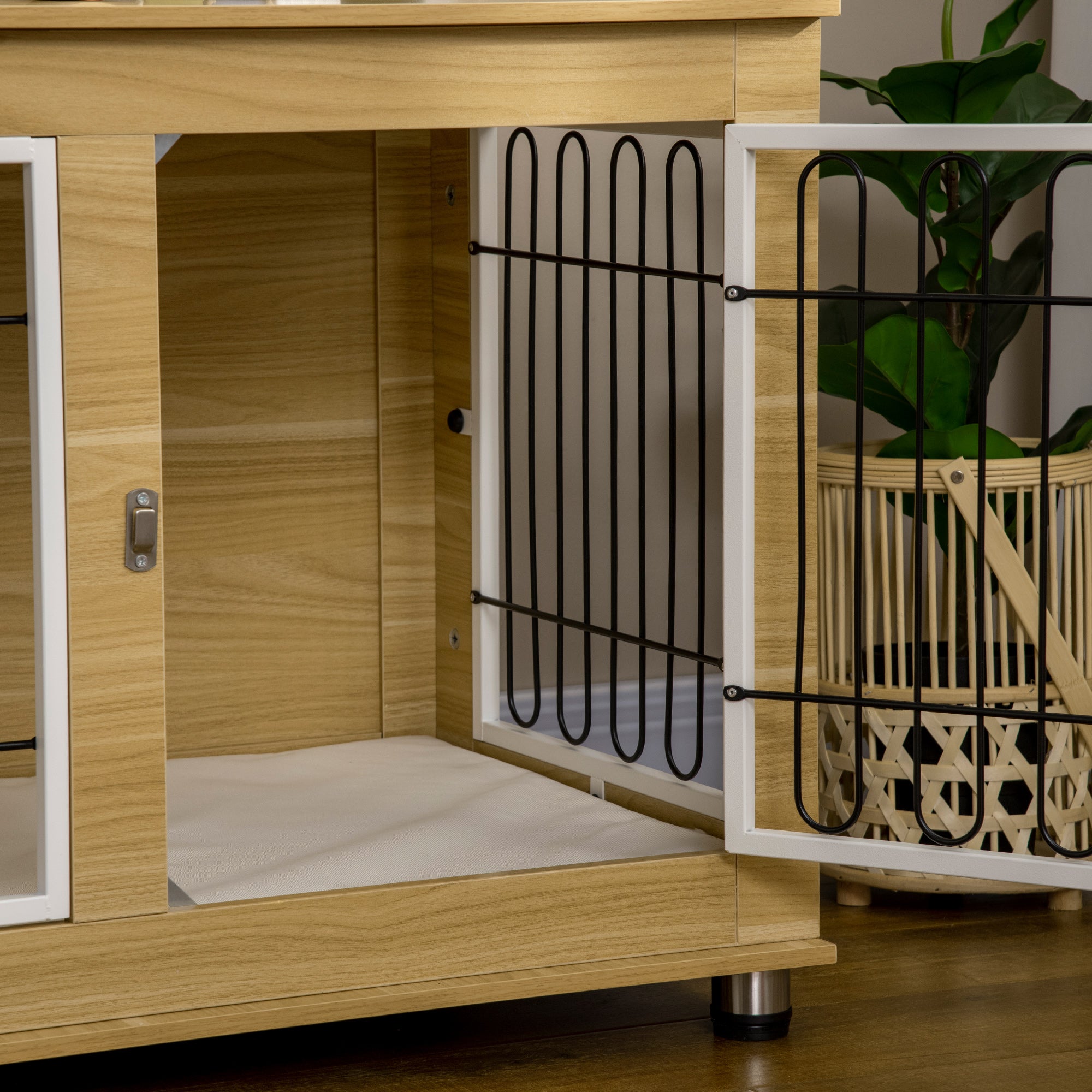 Dog Crate Furniture with 2 Doors Cushion 2 Locks Metal Dog Box for Home Indoor Dog House for Large Dogs up to 25 kg Side Table Dog Kennel 90 x 58 x 65 cm Oak