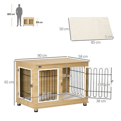 Dog Crate Furniture with 2 Doors Cushion 2 Locks Metal Dog Box for Home Indoor Dog House for Large Dogs up to 25 kg Side Table Dog Kennel 90 x 58 x 65 cm Oak