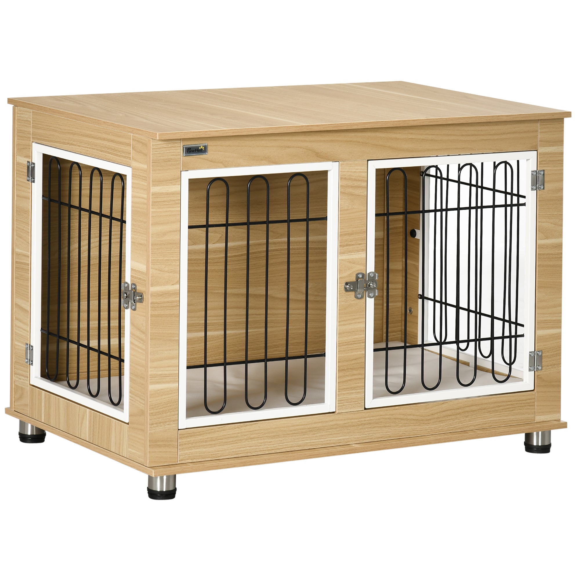 Dog Crate Furniture with 2 Doors Cushion 2 Locks Metal Dog Box for Home Indoor Dog House for Large Dogs up to 25 kg Side Table Dog Kennel 90 x 58 x 65 cm Oak