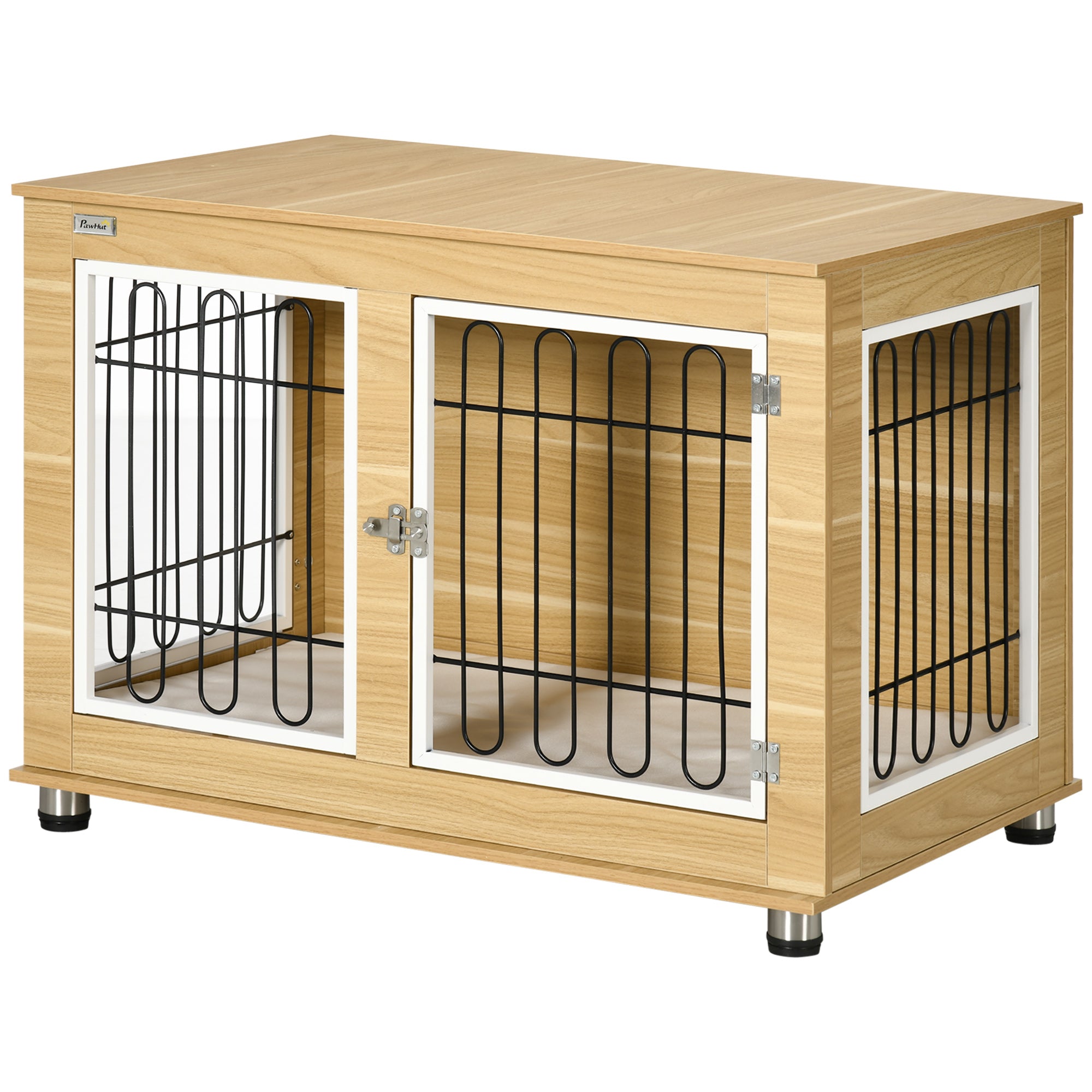 Dog Crate Furniture with 2 Doors Cushion 2 Locks Metal Dog Box for Home Indoor Dog House for Large Dogs up to 25 kg Side Table Dog Kennel 90 x 58 x 65 cm Oak
