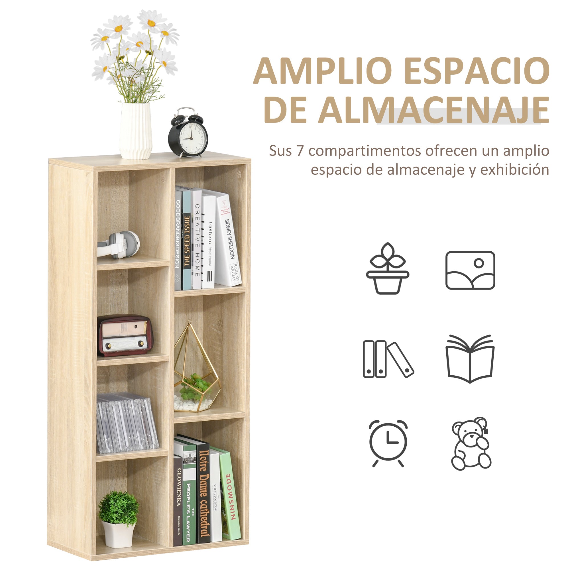 Bookshelf Wooden Bookcase with 7 Storage Compartments Plants Files for Living Room Bedroom Office 50x24x106 cm Oak