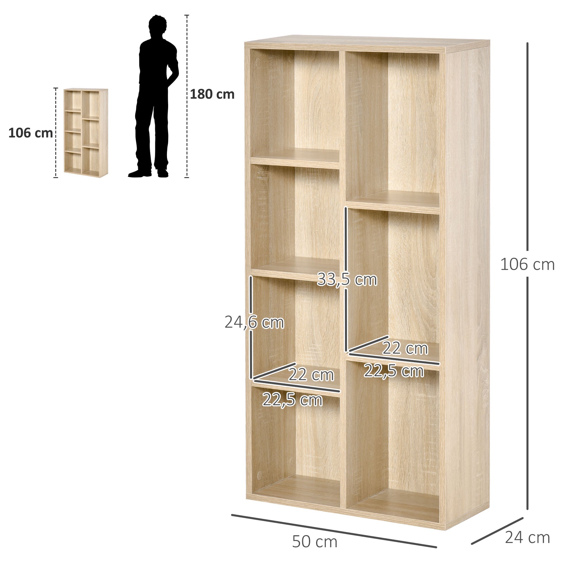 Bookshelf Wooden Bookcase with 7 Storage Compartments Plants Files for Living Room Bedroom Office 50x24x106 cm Oak