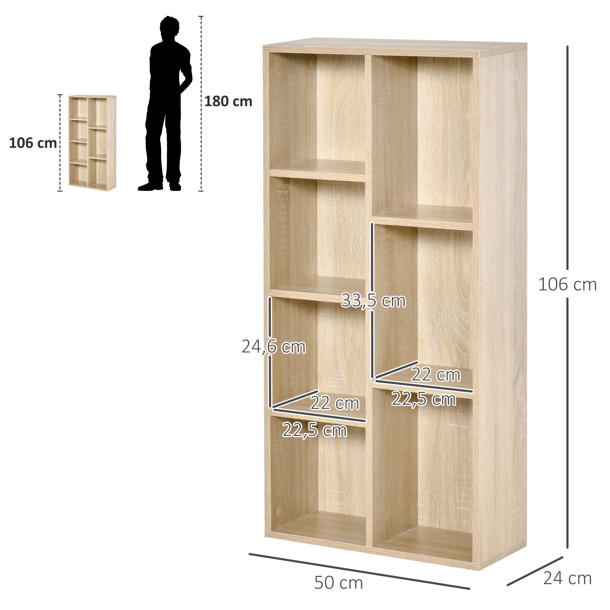 Bookshelf Wooden Bookcase with 7 Storage Compartments Plants Files for Living Room Bedroom Office 50x24x106 cm Oak