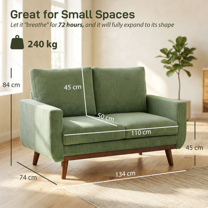 2-Seater Cord Sofa 134 cm (53") – Plush Backrest, Wood-Slat Accent, Comfortable Modern Upholstered Couch for Small Spaces, Living Room, Bedroom, Easy Assembly, Green