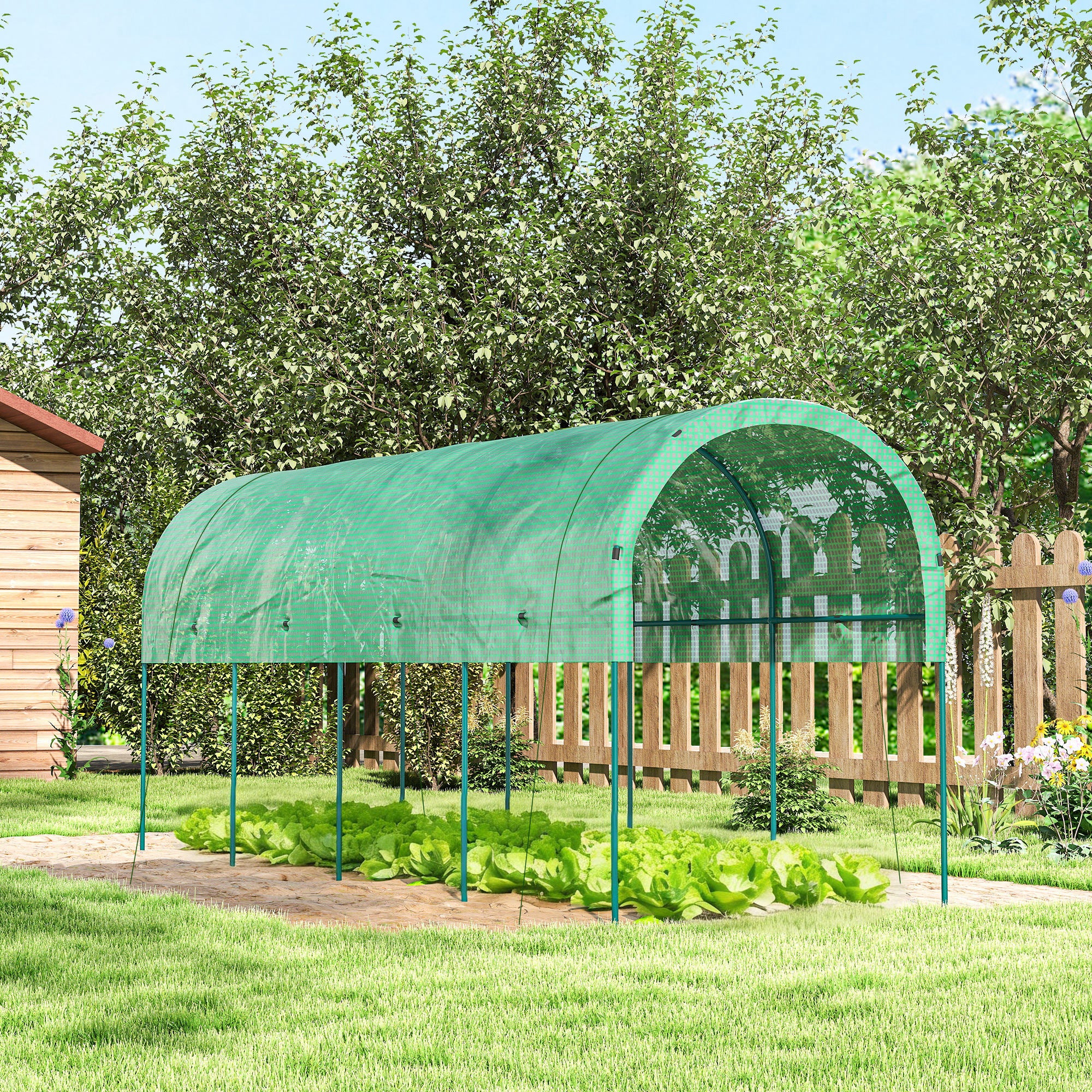 Winter Film Greenhouse with Arched Roof — Steel Frame & Ground Anchors, Slot-Together Open Tunnel, 400 x 120 x 170 cm (13.1 x 3.9 x 5.6 ft), Green