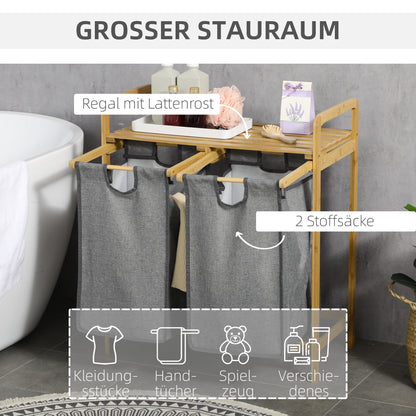 Bamboo Laundry Basket 2 Compartments Laundry Collector with Handle, 2 Removable Laundry Bags, Platform, Laundry Box Laundry Sorter for Laundry Room Bedroom Bathroom Natural+Gray