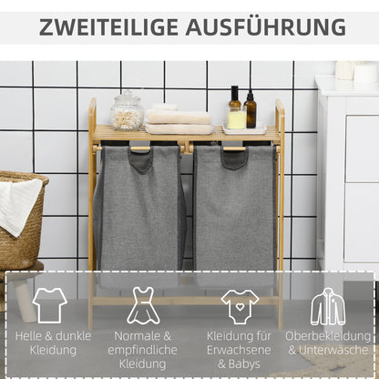Bamboo Laundry Basket 2 Compartments Laundry Collector with Handle, 2 Removable Laundry Bags, Platform, Laundry Box Laundry Sorter for Laundry Room Bedroom Bathroom Natural+Gray