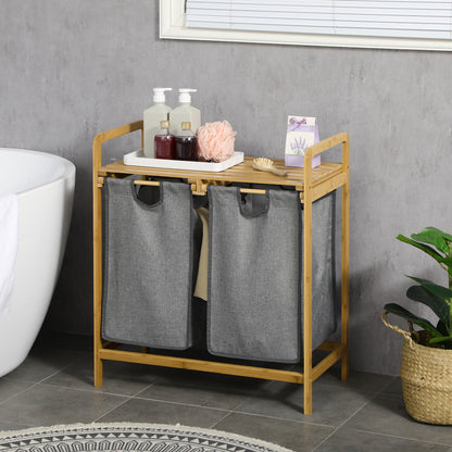 Bamboo Laundry Basket 2 Compartments Laundry Collector with Handle, 2 Removable Laundry Bags, Platform, Laundry Box Laundry Sorter for Laundry Room Bedroom Bathroom Natural+Gray