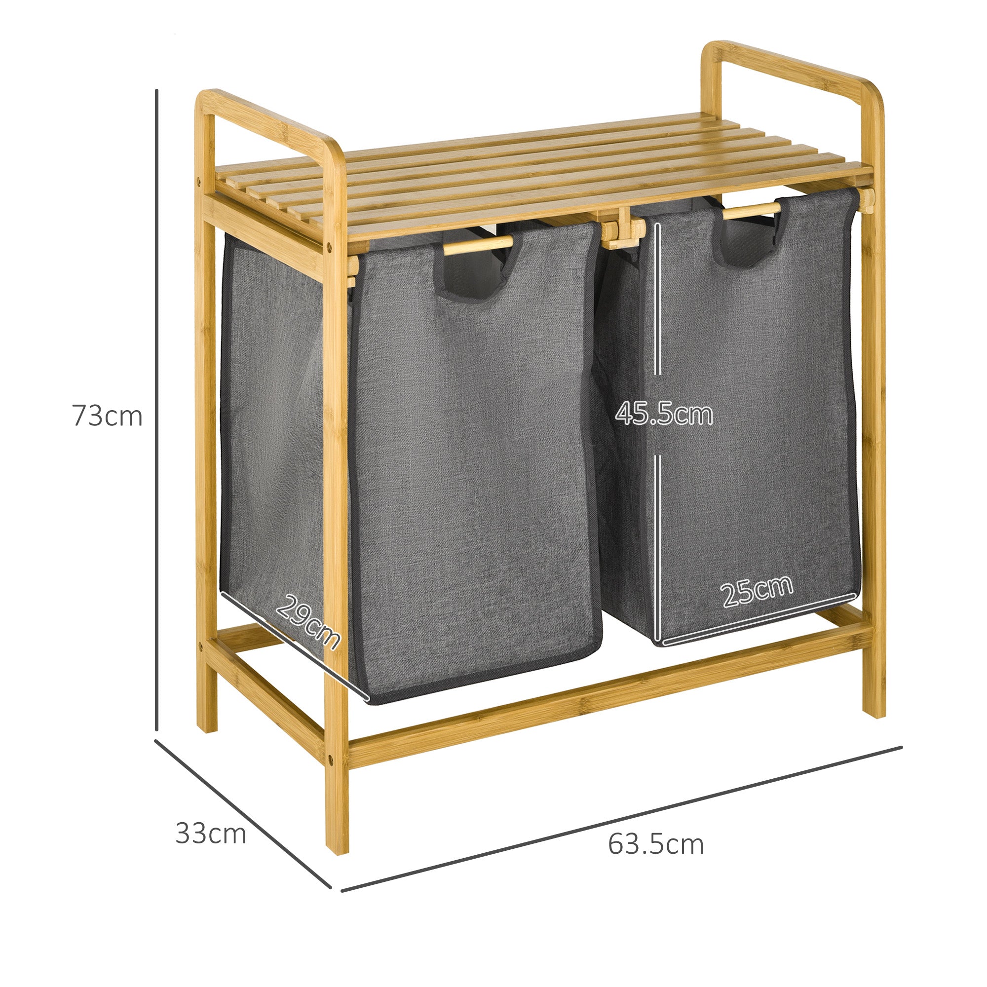Bamboo Laundry Basket 2 Compartments Laundry Collector with Handle, 2 Removable Laundry Bags, Platform, Laundry Box Laundry Sorter for Laundry Room Bedroom Bathroom Natural+Gray