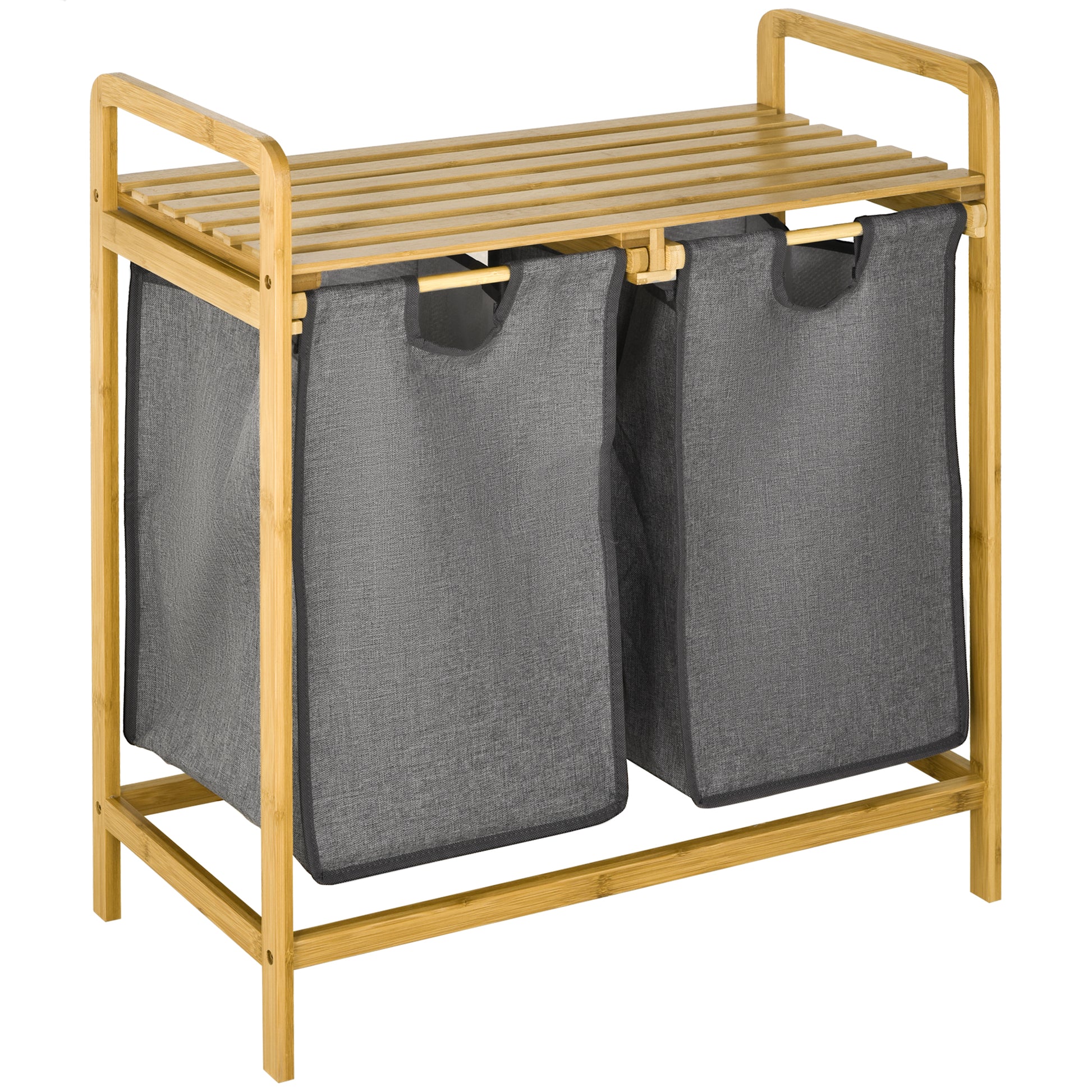 Bamboo Laundry Basket 2 Compartments Laundry Collector with Handle, 2 Removable Laundry Bags, Platform, Laundry Box Laundry Sorter for Laundry Room Bedroom Bathroom Natural+Gray