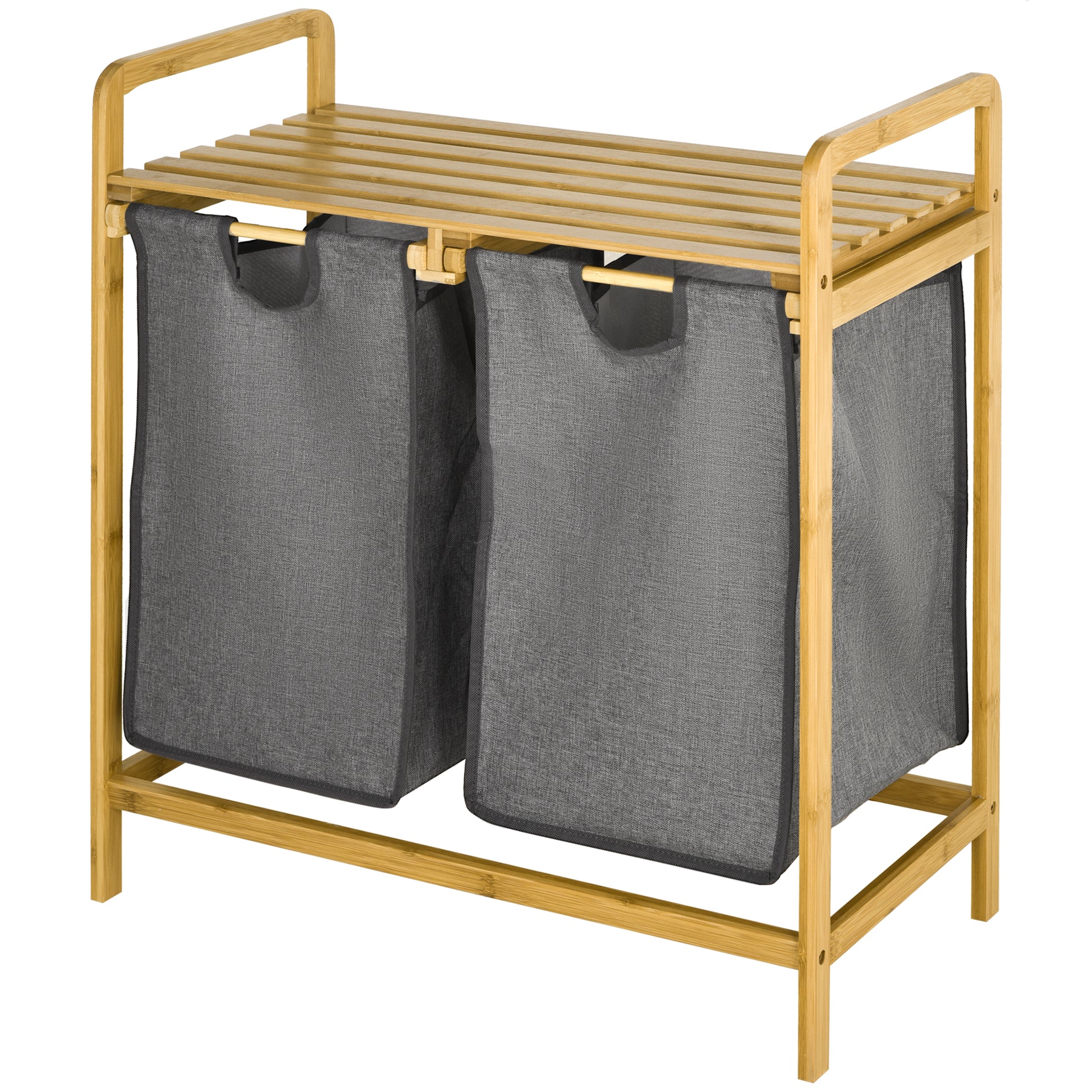 Bamboo Laundry Basket 2 Compartments Laundry Collector with Handle, 2 Removable Laundry Bags, Platform, Laundry Box Laundry Sorter for Laundry Room Bedroom Bathroom Natural+Gray