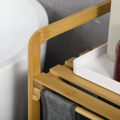 Bamboo Laundry Basket 2 Compartments Laundry Collector with Handle, 2 Removable Laundry Bags, Platform, Laundry Box Laundry Sorter for Laundry Room Bedroom Bathroom Natural+Gray