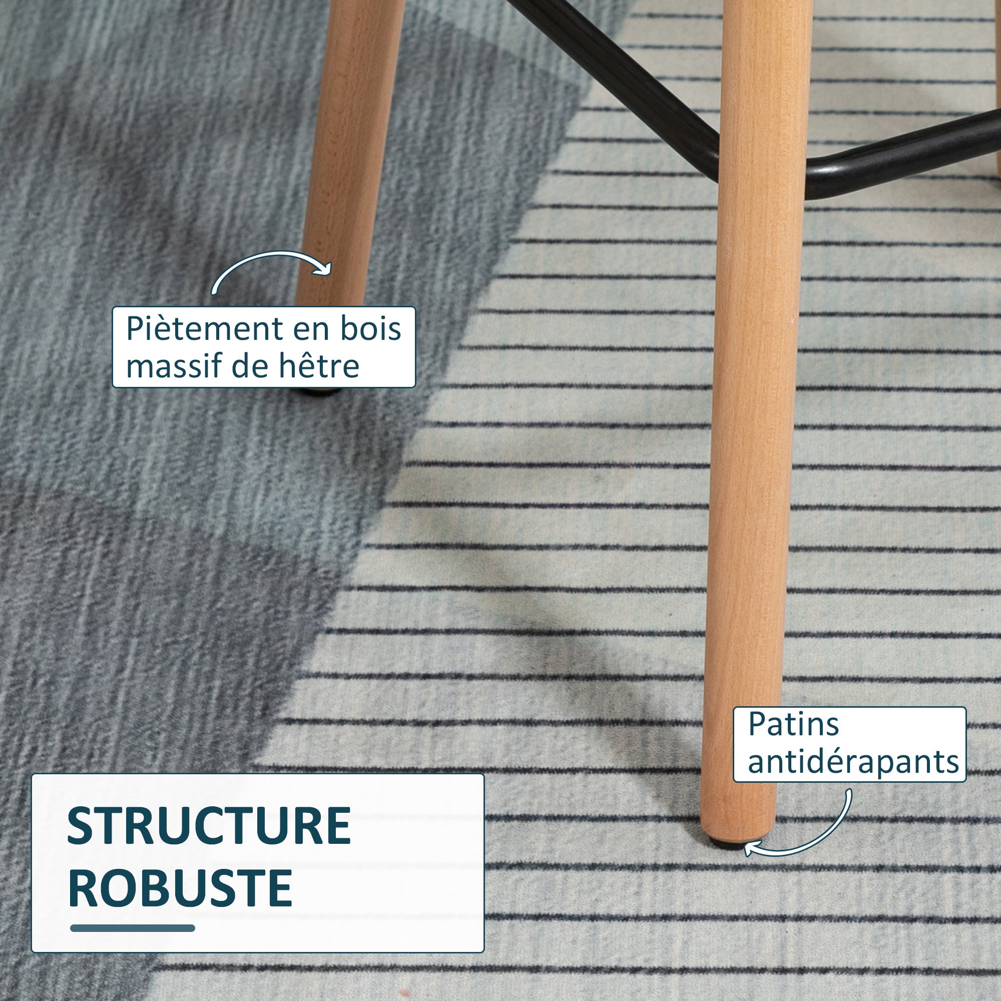 Scandinavian Design Bar Stools - Set of 2 High Comfort Bar Stools with Footrests and Armrests - Solid Wood Blue Linen