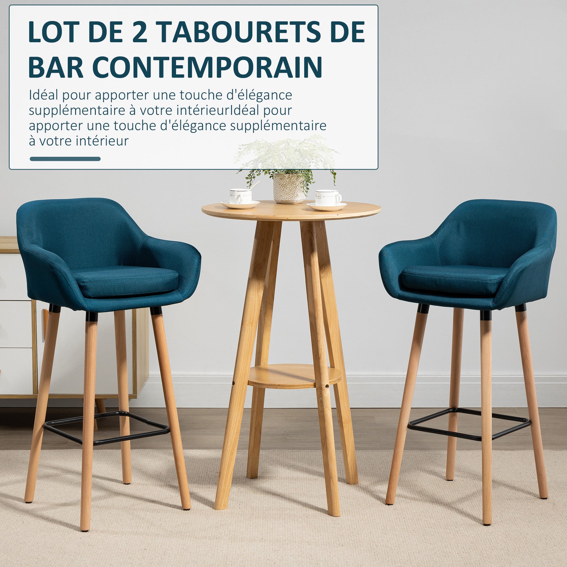 Scandinavian Design Bar Stools - Set of 2 High Comfort Bar Stools with Footrests and Armrests - Solid Wood Blue Linen