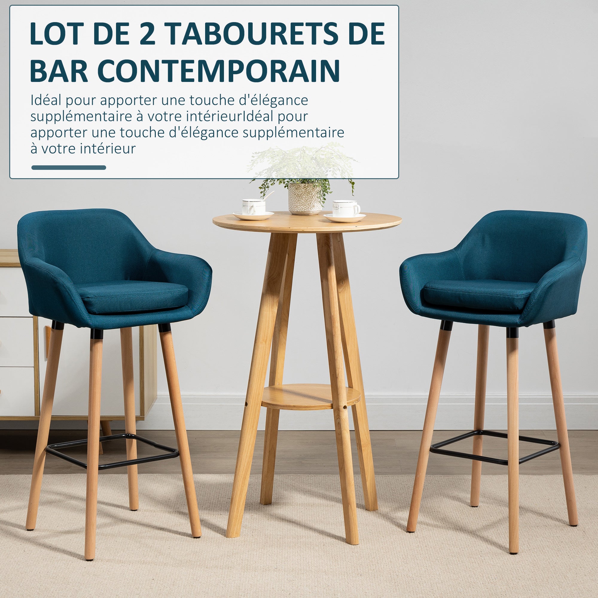 Scandinavian Design Bar Stools - Set of 2 High Comfort Bar Stools with Footrests and Armrests - Solid Wood Blue Linen
