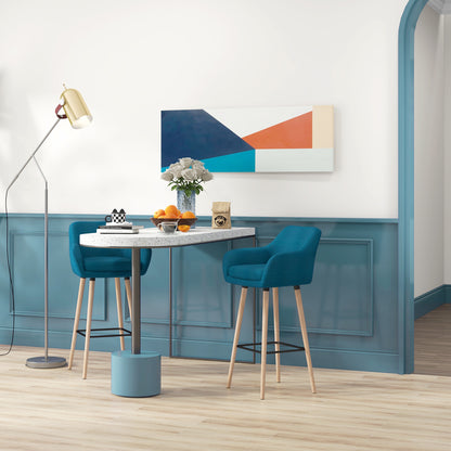 Scandinavian Design Bar Stools - Set of 2 High Comfort Bar Stools with Footrests and Armrests - Solid Wood Blue Linen