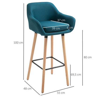 Scandinavian Design Bar Stools - Set of 2 High Comfort Bar Stools with Footrests and Armrests - Solid Wood Blue Linen