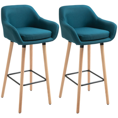 Scandinavian Design Bar Stools - Set of 2 High Comfort Bar Stools with Footrests and Armrests - Solid Wood Blue Linen